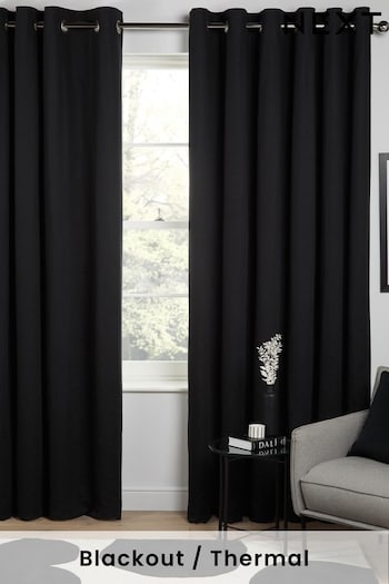 Black Cotton Blackout/Thermal Eyelet Curtains (200508) | £40 - £105