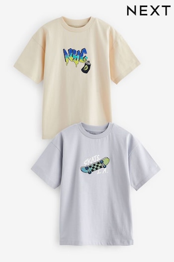 Cream/Blue Embroidery Skate Graphic Short Sleeve T-Shirts 2 Pack (3-16yrs) (201005) | £12 - £20