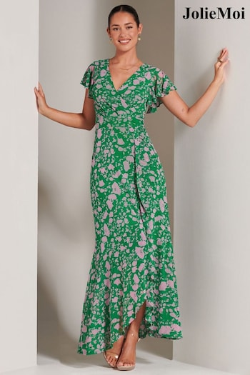 Jolie Moi Green Floral Gisselle Ruffle Hem Mesh Maxi Dress (201086) | £85