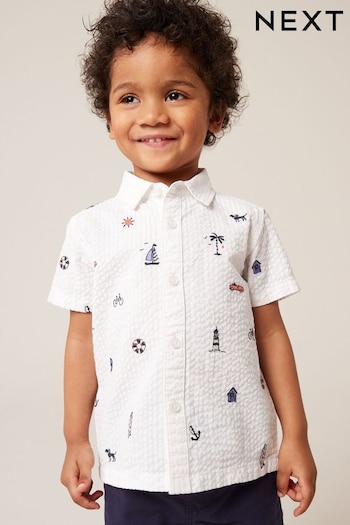 White Short Sleeve All-Over Print Embroidered Shirt (3mths-7yrs) (201677) | £18 - £20