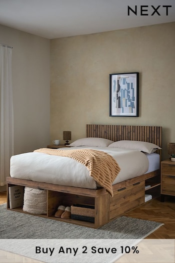 Oak Effect Slatted Headboard Bronx Platform Bed Frame with Storage (201962) | £799 - £899