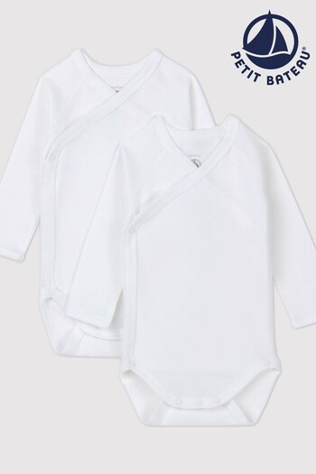 Petit Bateau White Iconic Rib Long Sleeve Bodysuits Two Pack (202119) | £16