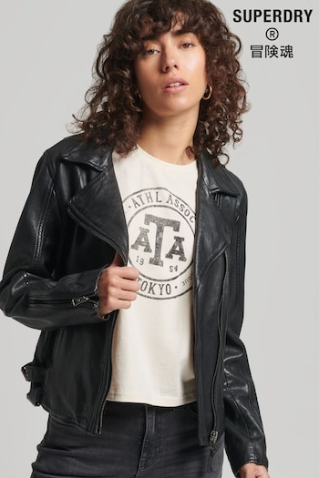 Superdry Black Classic Leather Biker Jacket (202496) | £200