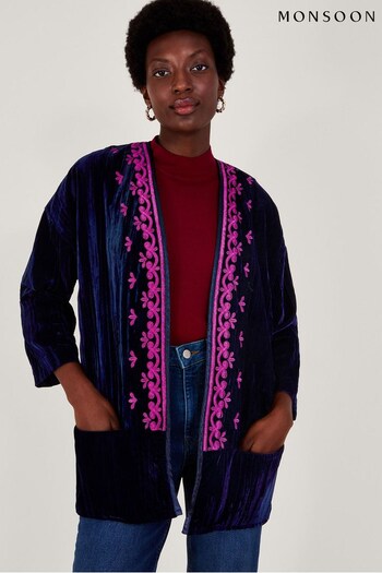 Monsoon Blue Leah Embroidered Velvet Kimono (203408) | £90