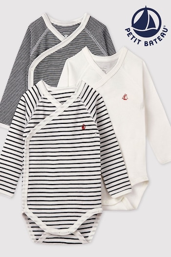 Petit Bateau Navy Stripe Iconic Rib Long Sleeve Bodysuits Three Pack (203975) | £24