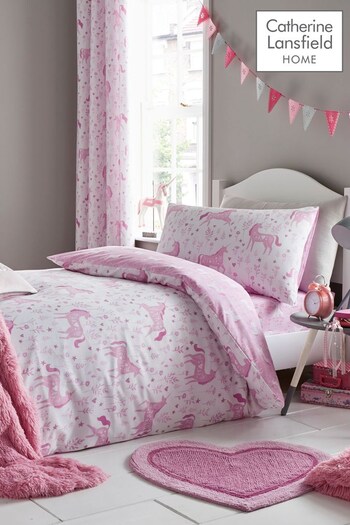 Catherine Lansfield Kids Pink Folk Unicorn Easy Care Junior Duvet Cover And Pillowcase Set (204202) | £14 - £20