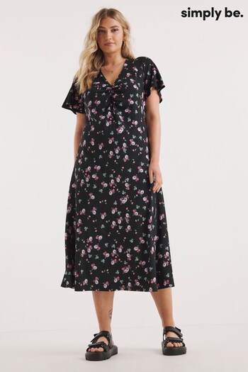 Simply Be Floral Supersoft V-Neck Ruched Black Midi Dress (204211) | £29