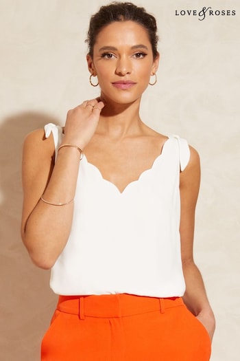 dolce gabbana tropical love short sleeved t shirt item Ivory White Petite V Neck Scallop Detail Tie Shoulder Vest (204243) | £26