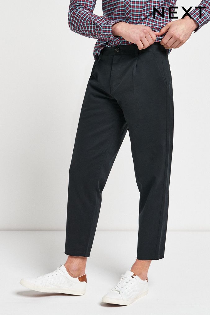 Black Single Pleat Regular Tapered Stretch Chino Trousers (204563) | £24