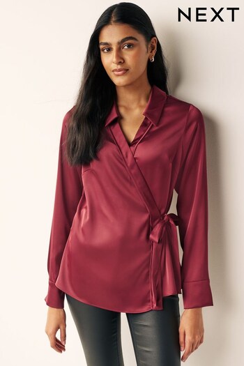 Red Satin Wrap Long Sleeve Shirt (205154) | £38