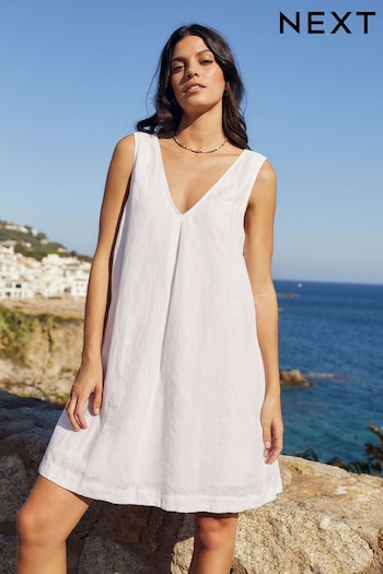 White Linen Blend V-Neck Summer Mini Dress (205621) | £38
