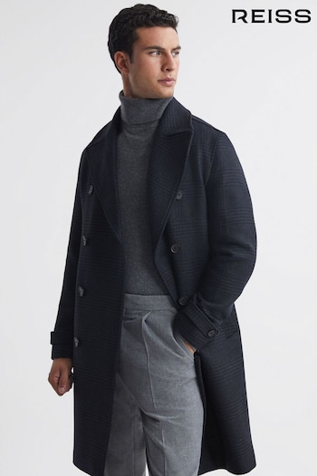Reiss Navy Attention Wool Check Double Breasted Coat (205657) | £368