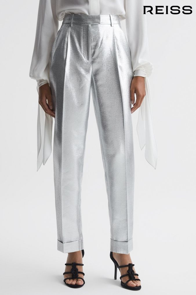Reiss Silver Sierra Tapered Metallic Rolled Hem Trousers (205802) | £128