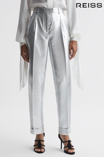 Reiss Silver Sierra Tapered Metallic Trousers with Turn-Ups (205802) | £128