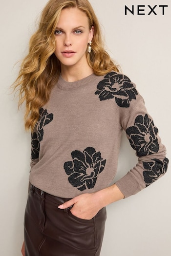 Brown and Black Sparkle Flower Pattern Cosy Crew Neck Long Sleeve Jumper (206041) | £30