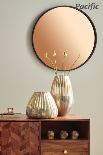 Pacific Black Matt Black Wood Round Mirror With Copper Glass Wall Mirror (206079) | £140