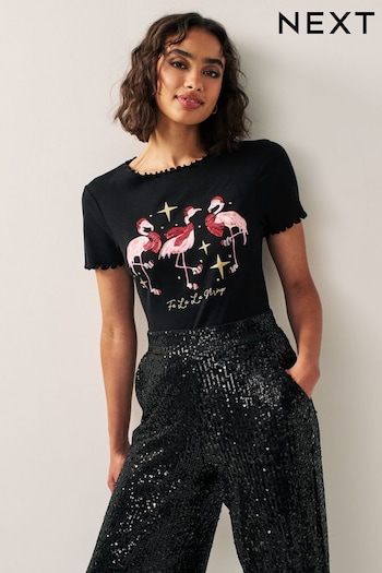 Black Short Sleeve Christmas Flamingo T-Shirt (206527) | £18