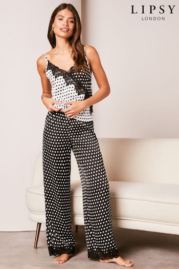 Lipsy Black/White Polka Dot Satin Lace Pyjamas (207128) | £36