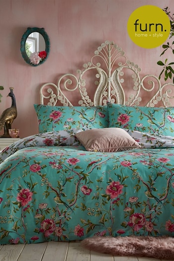 furn. Jade Green Vintage Chinoiserie Floral Exotic Duvet Cover and Pillowcase Set (207467) | £17 - £34