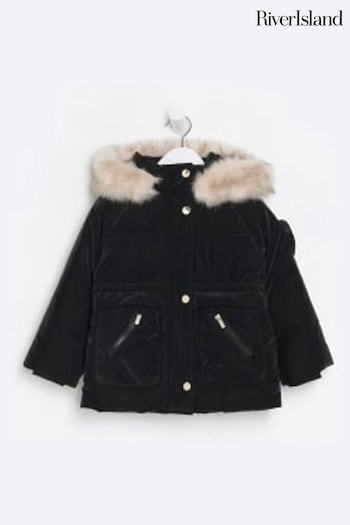 River Island Black Mini Girls Padded Velvet Jacket With Hood (207697) | £40
