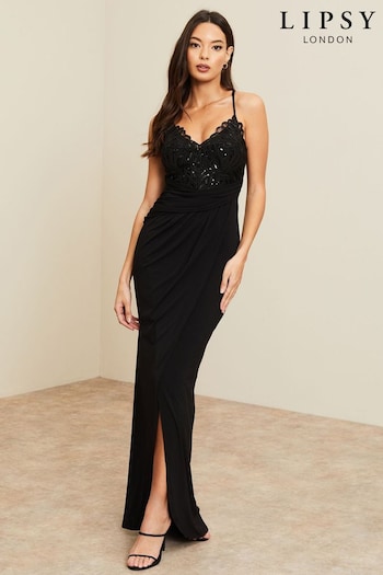 Lipsy Black Applique Lace Cami Maxi Dress (208691) | £96