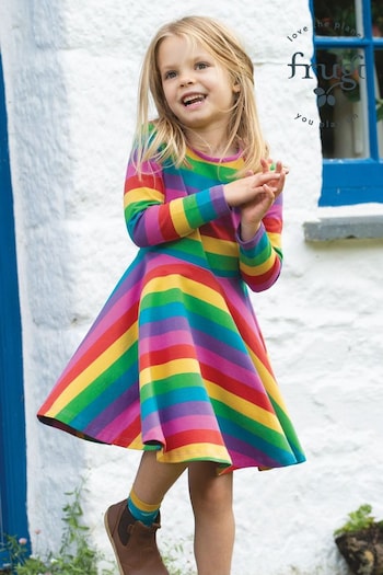 Frugi Pink Organic Cotton Rainbow Full Skirt Skater Dress (209359) | £33 - £35