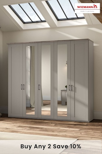 Wiemann Pebble Grey Truro 2.5M Wood and Mirror 5 Door Hinged Semi fitted Wardrobe (212293) | £1,640