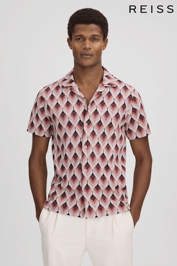 Reiss Pink Multi Beech Cotton Blend Jacquard Cuban Collar Shirt (214790) | £88