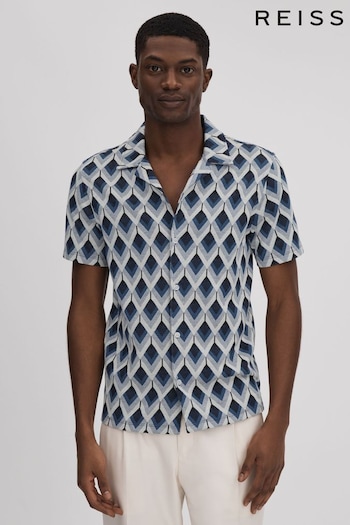 Reiss Navy Multi Beech Cotton Blend Jacquard Cuban Collar Shirt (215158) | £88