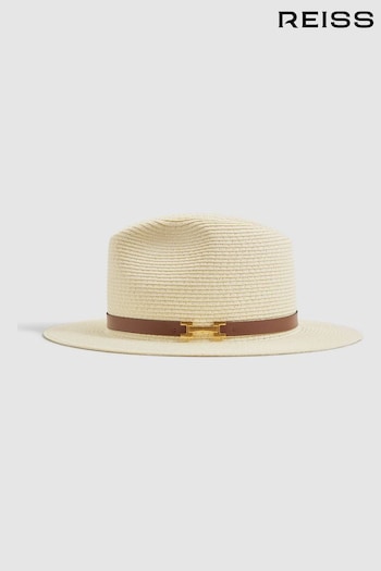 Reiss Natural Gigi Faux Leather Trim Woven Hat (215262) | £88