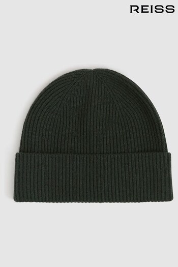 Reiss Forest Green Chaise Merino Wool Ribbed Beanie Hat (215759) | £48