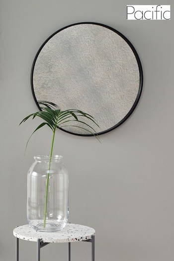 Pacific Black Matt Black Wood Round Mirror With Foxed Glass Wall Mirror (216572) | £150