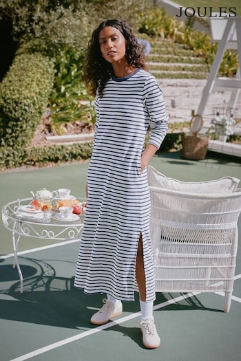Joules Cleo Navy& White Striped Long Sleeve Jersey Midi maat Dress (217194) | £49.95