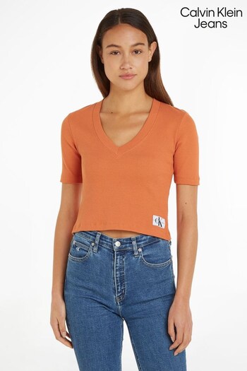 Calvin groot Klein Jeans Rib V-Neck Orange T-Shirt (217258) | £40