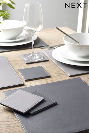 Set of 4 Charcoal/Grey Reversible Faux Leather Placemats and Coasters Set (217823) | £22