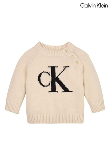 Calvin YAF Klein Unisex Cream Monogram Logo Newborn Sweater (218360) | £60