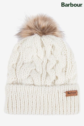 Barbour® White Penshaw Cable Knit Faux Fur Pom Beanie (218785) | £30