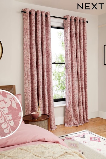 Pink Woodblock Floral Eyelet Lined Curtains (218944) | £30 - £95