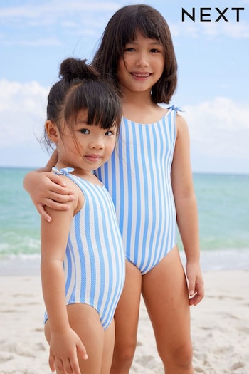 Blue/White Stripe Frill Sleeve Swimsuit (3mths-12yrs) (219061) | £12 - £17