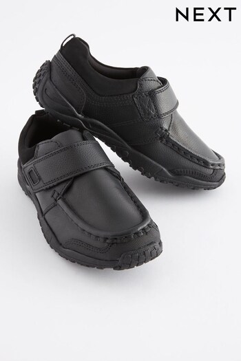 Black Standard Fit (F) School Leather Single Strap Trainers Shoes (219105) | £28 - £36
