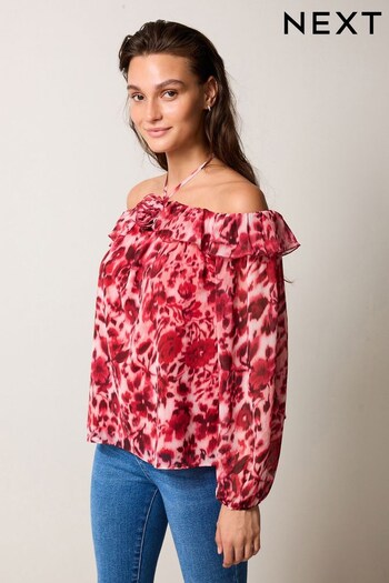 Red/White Floral Corsage Halter Neck Long Sleeve Top (220294) | £40