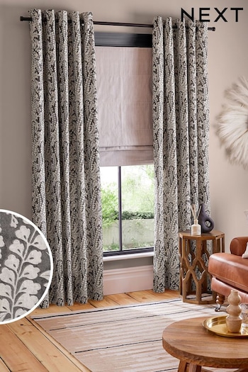 Monochrome Woodblock Floral Eyelet Lined Curtains (222561) | £30 - £95