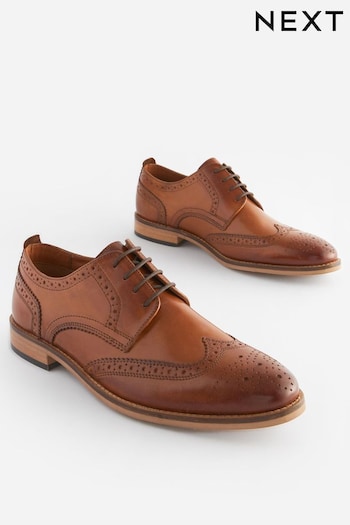 Tan Brown Regular Fit Leather Contrast Sole Brogue Shoes (223530) | £62