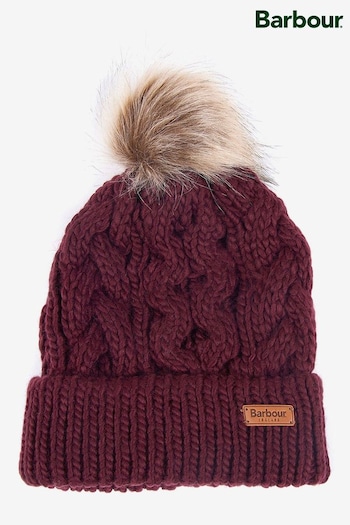 Barbour® Red Penshaw Cable Knit Faux Fur Pom Beanie (224045) | £30