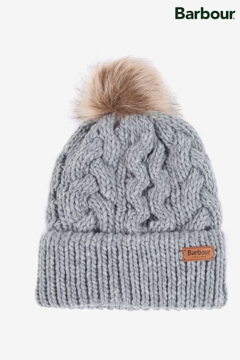 Barbour® Grey Penshaw Cable Knit Faux Fur Pom Bobble hat (225076) | £30
