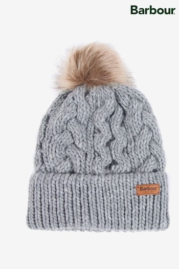 Barbour® Grey Penshaw Cable Knit Faux Fur Pom Beanie (225076) | £28