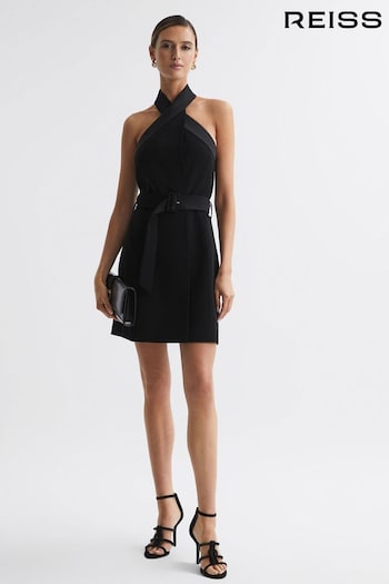 Reiss Black Alexis Fitted Halter Neck Mini Dress (225336) | £228