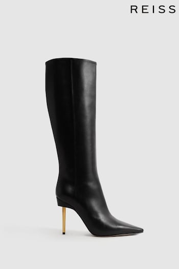 Reiss Black Naomi Atelier Italian Leather Heeled Knee-High Boots (225749) | £595