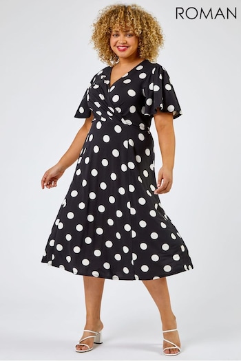 Roman Black Curve Spot Print Midi Dress (226439) | £40