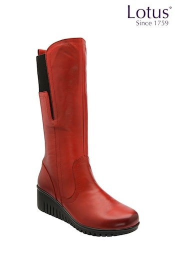 Lotus Red Leather Wedge Knee-High Boots (227335) | £100